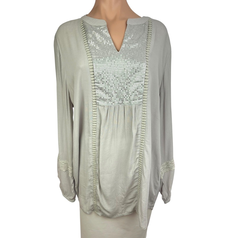 Chico's Gray Pullover Top Blouse Sequin Decoration Long Sleeve 100% Rayon